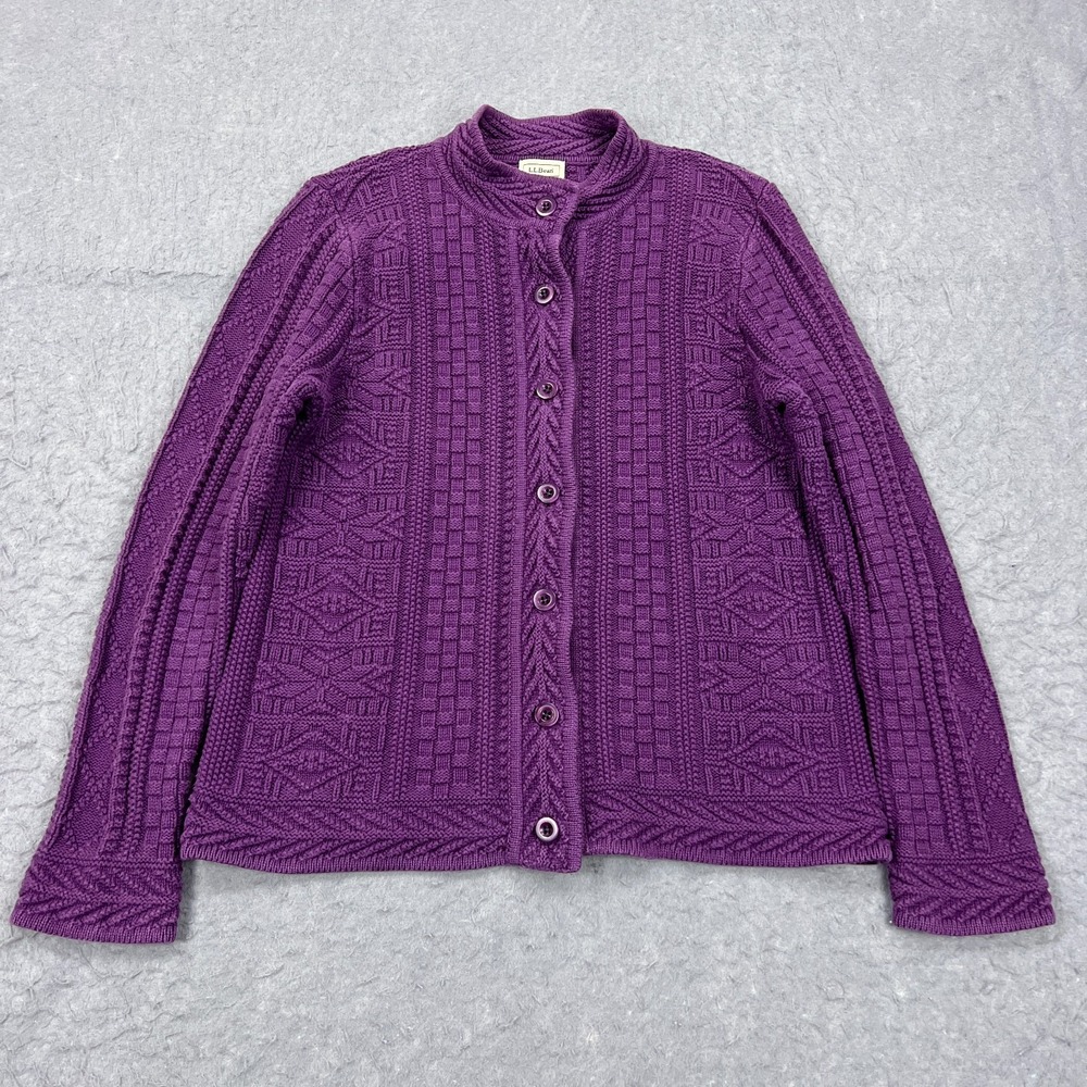LL Bean Cardigan Women's Medium Purple Cotton Sweater Button Chunky Heavy 278397